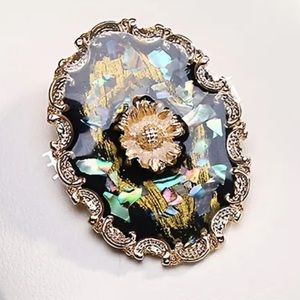 Victorian Gold Tone Black Mosaic Metal Brooch Pin Pendant can be Necklace